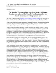 ASHG Board of Directors Endorses the U.S. Genetic Nondiscrimination and Health Insurance and Employment Act (GINA)