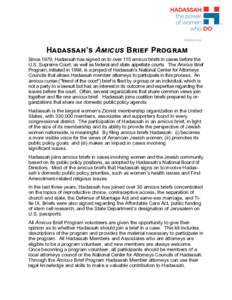 Hadassah’s Amicus Brief Program Since 1979, Hadassah has signed on to over 115 amicus briefs in cases before the U.S. Supreme Court, as well as federal and state appellate courts. The Amicus Brief Program, initiated in