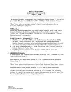 BUSINESS MINUTES SEMINOLE CITY COUNCIL August 12, 2014 ____________________________________________________________________________ The Business Meeting of Seminole City Council was held on Tuesday, August 12, 2014 at 7: