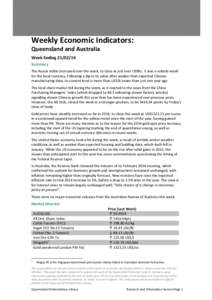 Weekly Economic Indicators: Queensland and Australia Week Ending[removed]Summary The Aussie dollar increased over the week, to close at just over US90c. It was a volatile week for the local currency, following a dip in 