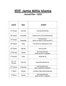 IEEE Jamia Millia Islamia Annual Plan – 2010 DATE  DAY
