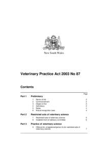 New South Wales  Veterinary Practice Act 2003 No 87 Contents Page