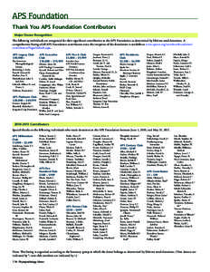 APS Foundation Thank You APS Foundation Contributors Major Donor Recognition The following individuals are recognized for their significant contribution to the APS Foundation as determined by lifetime total donations. A 