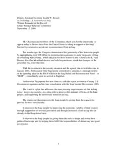 Deputy Assistant Secretary Joseph W. Bowab Accelerating U.S. Assistance to Iraq Written Remarks for the Record Senate Foreign Relations Committee September 15, 2004