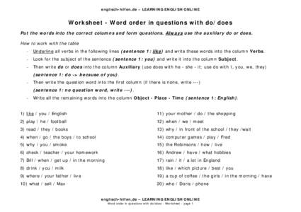 Worksheet - Questions with do/does