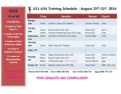 U11-U14 Training Schedule - August 25th-31st[removed]WEEK Time