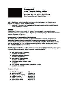 Assessment 2014 Campus Safety Report Prepared by Mike Smith, Director of Operations & Katie Hemmer, Director of Student Affairs  Goal	
  7:	
  Assessment	
  -­‐	
  Reaffirm	
  our	
  values	
  and	
  measure	

