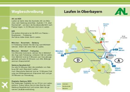 Laufen in Oberbayern  Wegbeschreibung A8 und B20 Laufen ist leicht über die Autobahn A8 von München nach Salzburg erreichbar. Ausfahrt 115 „Bad Reichenhall”, und dann der Bundesstraße B20 nach