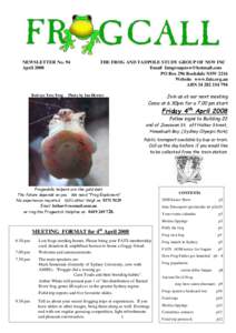 NEWSLETTER No. 94 April 2008 Red-eye Tree Frog  THE FROG AND TADPOLE STUDY GROUP OF NSW INC