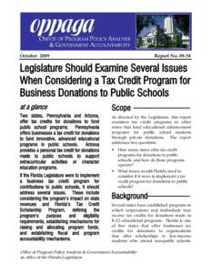 Legislature Should Examine Several Issues When Considering a Tax Credit Program for Business Donations to Public Schools