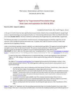 “Right to Try” Experimental Prescription Drugs State Laws and Legislation for 2014 & 2015 March 16, 2015 – Subject to additions Compiled by Richard Cauchi, NCSL Health Program, Denver In the past 15 months there ha