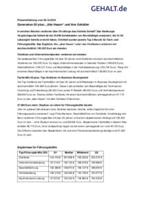 Pressemitteilung vomGeneration 50 plus: „Alte Hasen“ und ihre Gehälter In welchen Berufen verdienen über 50-Jährige das höchste Gehalt? Das Hamburger Vergleichsportal Gehalt.de hatGehaltsdate