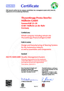 Certificate SQS herewith certifies that the company named below has a management system which meets the requirements of the standard specified below. ThyssenKrupp Presta SteerTec Mülheim GmbH