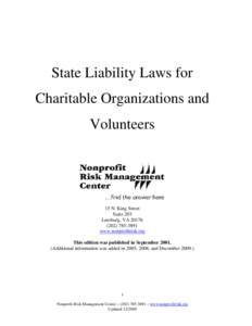 State Liability Laws for Charitable Organizations and Volunteers 15 N. King Street Suite 203