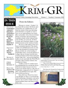 KRIM-GR  German & Swiss Crimean Colony Genealogy Newsletter IN THIS ISSUE