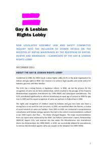 NSW LEGISLATIVE ASSEMBLY LAW AND SAFETY COMMITTEE INQUIRY INTO THE INCLUSION OF DONOR DETAILS ON THE REGISTER OF BIRTHS MAINTAINED BY THE REGISTRAR OF BIRTHS, DEATHS AND MARRIAGES —SUBMISSION OF THE GAY & LESBIAN RIGHT