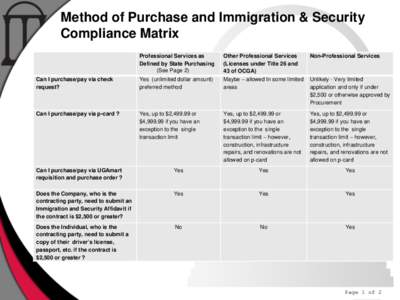Method of Purchase and Immigration & Security Compliance Matrix Professional Services as Defined by State Purchasing (See Page 2) Can I purchase/pay via check