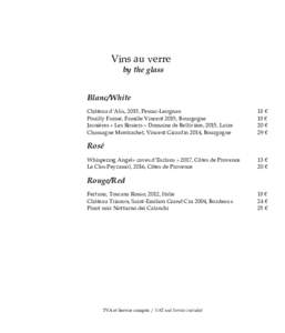 Vins au verre by the glass Blanc/White Château d’Alix, 2015, Pessac-Leognan Pouilly Fuissé, Famille Vincent 2015, Bourgogne