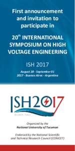 First announcement and invitation to participate in 20th INTERNATIONAL SYMPOSIUM ON HIGH VOLTAGE ENGINEERING