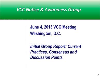SEGALIS PLLC June 4, 2013 VCC Meeting Washington, D.C. Initial Group Report: Current Practices, Consensus and Discussion Points