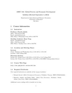 AREC 345: Global Poverty and Economic Development Syllabus (Revised September 4, 2014) Department of Agricultural and Resource Economics University of Maryland Fall 2014