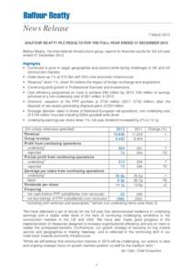 News Release 7 March 2013 BALFOUR BEATTY PLC RESULTS FOR THE FULL-YEAR ENDED 31 DECEMBER 2012