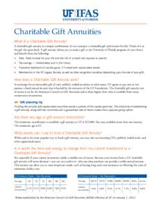 Charitable Gift Annuities What Is a Charitable Gift Annuity? A charitable gift annuity is a simple combination of two concepts: a charitable gift and income for life. Think of it as the gift that gives back. A gift annui