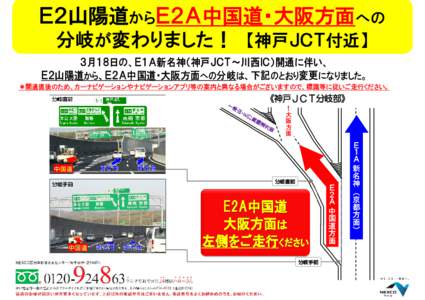 Ｅ２山陽道からＥ２Ａ中国道・大阪方面への 分岐が変わりました！ 【神戸ＪＣＴ付近】 ３月１８日の、Ｅ１Ａ新名神（神戸ＪＣＴ～川西ＩＣ）開通に伴い、 Ｅ２