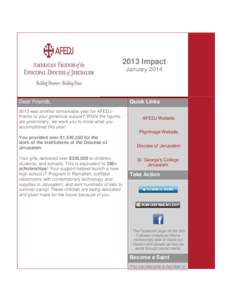 2013 Impact January 2014 Dear Friends, 2013 was another remarkable year for AFEDJ thanks to your generous support! While the figures are preliminary, we want you to know what you
