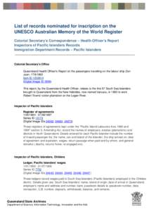 List of records nominated for inscription on the UNESCO Australian Memory of the World Register Colonial Secretary’s Correspondence – Health Officer’s Report Inspectors of Pacific Islanders Records Immigration Depa