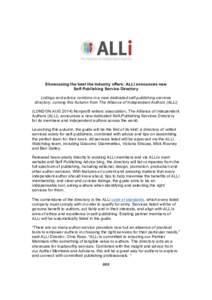 Showcasing the best the industry offers: ALLi announces new Self-Publishing Service Directory Listings and advice combine in a new dedicated self-publishing services directory, coming this Autumn from The Alliance of Ind