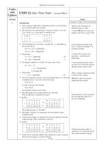 Mathematics Enhancement Programme  Codes and UNIT 12 One-Time Pads Lesson Plan 1 Ciphers
