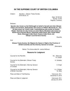 IN THE SUPREME COURT OF BRITISH COLUMBIA Citation: Spookw v. Gitxsan Treaty Society, 2015 BCSC 72 Date: 