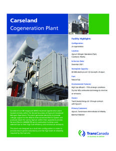 Carseland Cogeneration Plant Facility Highlights Configuration: 2x cogeneration. Location: