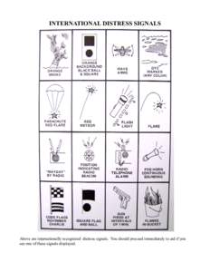 INTERNATIONAL DISTRESS SIGNALS  Above are internationally recognized distress signals. You should proceed immediately to aid if you see one of these signals displayed.  