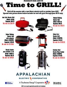 Summer’s here and it’s  Time to GRILL! Kick off the season with a new Meco electric grill or smoker from AEC. Special sale prices shown below include tax and are good through June 2015 only. Lock & Go Electric Grill