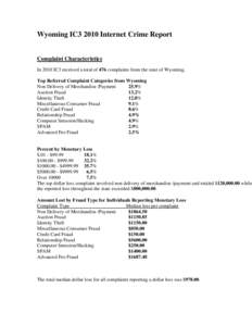 Wyoming IC3 2010 Internet Crime Report Complaint Characteristics In 2010 IC3 received a total of 476 complaints from the state of Wyoming. Top Referred Complaint Categories from Wyoming Non Delivery of Merchandise /Payme
