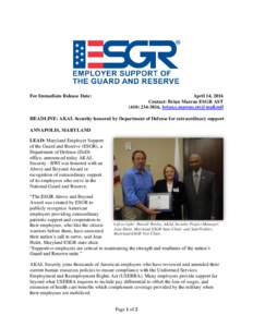 For Immediate Release Date:  April 14, 2016 Contact: Brian Marcus ESGR AST, 