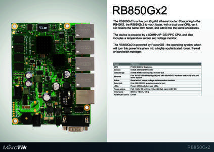 RB850Gx2 The RB850Gx2 is a five port Gigabit ethernet router. Comparing to the RB450G, the RB850Gx2 is much faster, with a dual core CPU, yet it still retains the same form factor, and will fit into the same enclosures. 