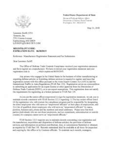 United States Department of State Bureau ()lPoli1ical-A1ilitmy Affairs Directorate ojDefense Trade Controls Washington, D.CMay 31, 2018