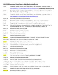 2014 NWS Awareness Weeks/Days & Major Conferences/Events Jan 27 Probabilistic Outlooks (formally Spring Flood Outlook) – just a text product: “Hydrologic Outlook” at http://water.weather.gov/ahps/water/textprods/in