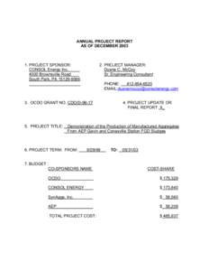 ANNUAL PROJECT REPORT AS OF DECEMBER[removed]PROJECT SPONSOR: CONSOL Energy Inc[removed]Brownsville Road