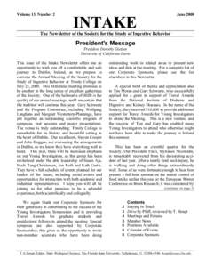 Volume 13, Number 2  June 2000 The Newsletter of the Society for the Study of Ingestive Behavior