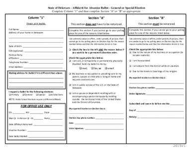 State of Delaware - Affidavit for Absentee Ballot - General or Special Election Complete Column 
