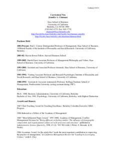 Updated[removed]Curriculum Vita Jennifer A. Chatman Haas School of Business University of California