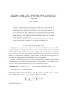 LECTURE NOTES 2 FOR CAMBRIDGE PART III COURSE ON “ELEMENTARY METHODS IN ANALYTIC NUMBER THEORY”, LENT 2015 ADAM J HARPER  Abstract. These are rough notes covering the second block of lectures in the “Elementary Met