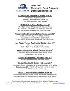 June 2016 Community Food Programs Distribution Changes CA Valley (Old Gas Station), Friday, June 3rd will take place at its new location: CA Valley (Community Center Parking Lot)