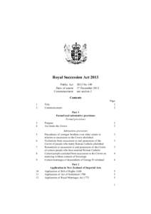 Royal Succession Act 2013 Public Act Date of assent Commencement[removed]No 149