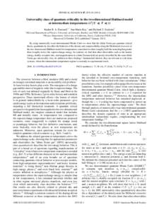 PHYSICAL REVIEW B 87, Universality class of quantum criticality in the two-dimensional Hubbard model at intermediate temperatures (t 2 /U  T  t) Kaden R. A. Hazzard,1,* Ana Maria Rey,1 and Richard T. Sca