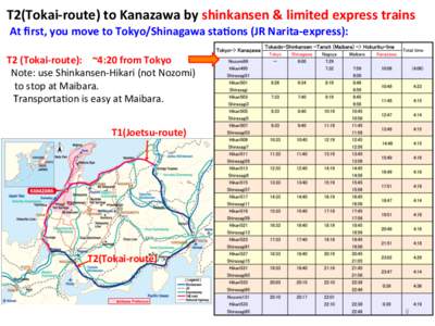 T2(Tokai-­‐route)	
  to	
  Kanazawa	
  by	
  shinkansen	
  &	
  limited	
  express	
  trains	
   	
  At	
  ﬁrst,	
  you	
  move	
  to	
  Tokyo/Shinagawa	
  sta&ons	
  (JR	
  Narita-­‐express):	
